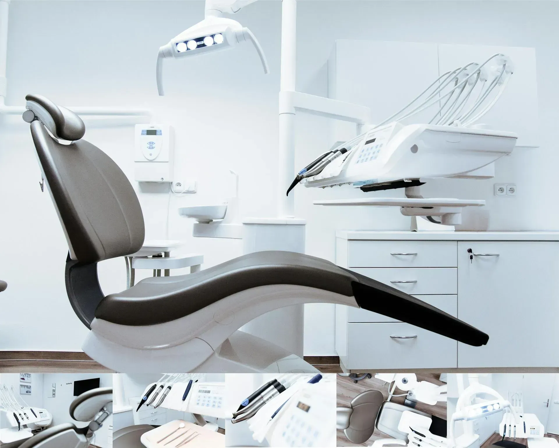 Modern dental clinic with a reclining chair, overhead lamp, and white cabinets