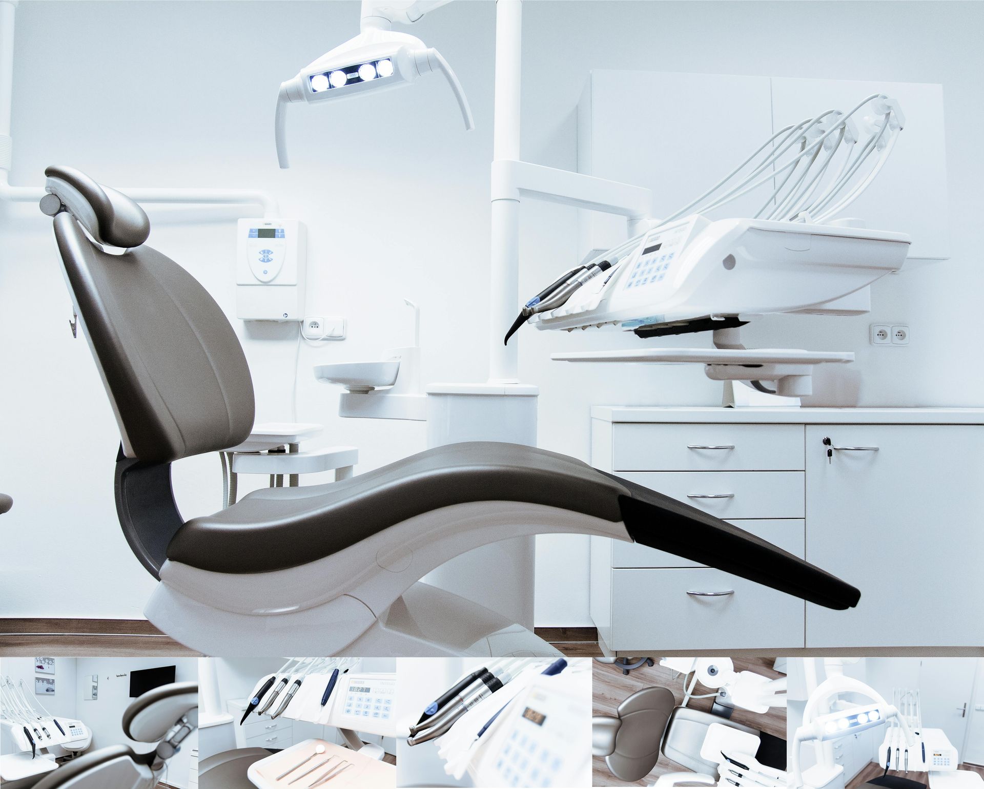 Modern dental clinic with a reclining chair, overhead lamp, and white cabinets