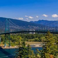Suspension bridge over a blue river with mountains and forest under a clear sky