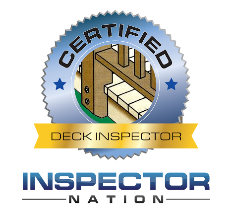 Certified Deck Inspector seal with deck illustration, gold banner, and