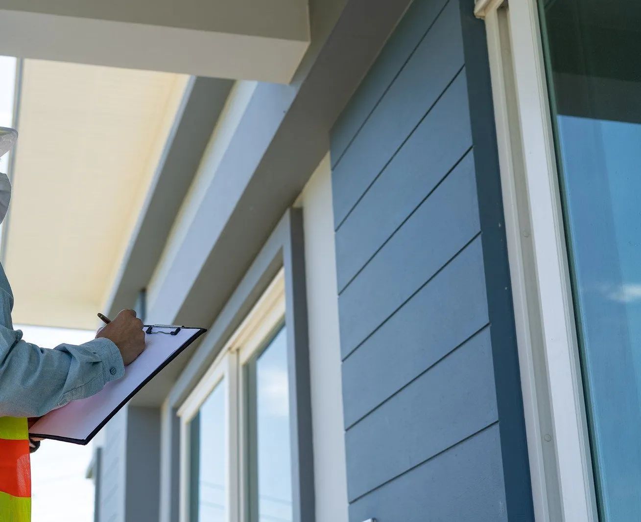 Person taking notes beside a modern house exterior with blue siding and windows