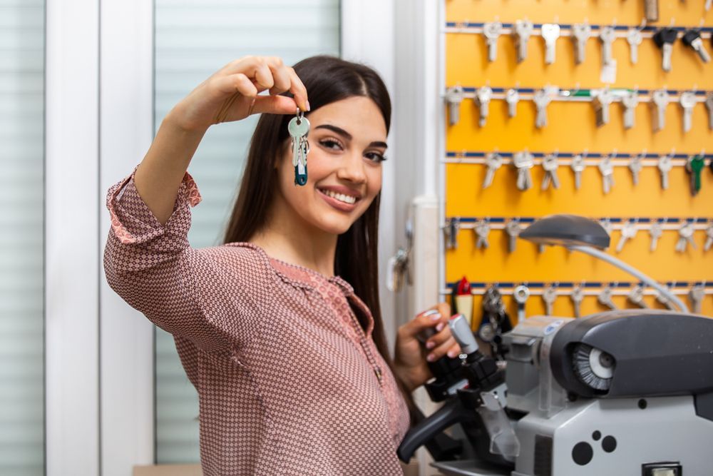 Woman in a Shop Holds Up Keys, Smiling — Coast 2 Coast Locksmiths in Maroochydore, QLD