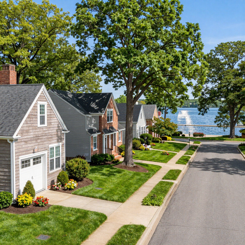 Two-story home with driveway, front lawn, and mature trees
