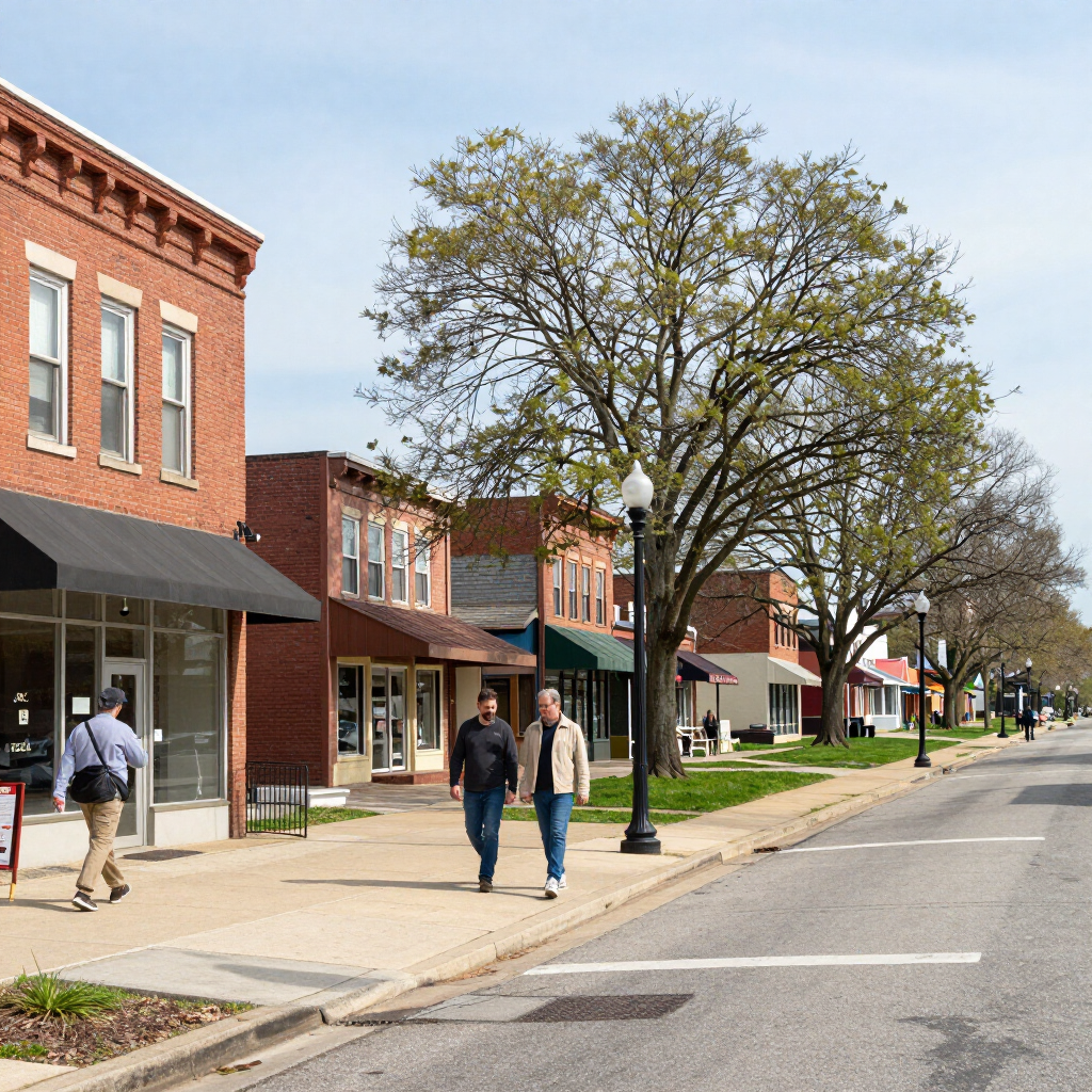 Brick-lined downtown street with pedestrians, storefronts, trees, and parked cars under a clear sky