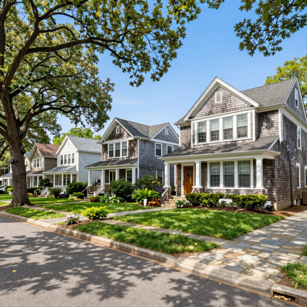 Old Westbury residential neighborhood with traditional homes, landscaped yards, and mature trees
