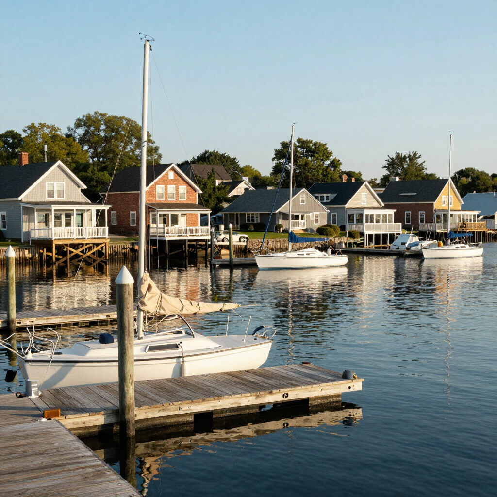 Small sailboat docked at a marina with waterfront houses in the background at sunset