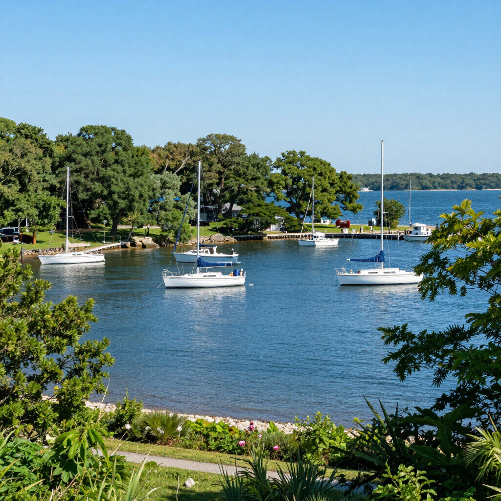 Oyster Bay waterfront with sailboats, blue water, and green shoreline