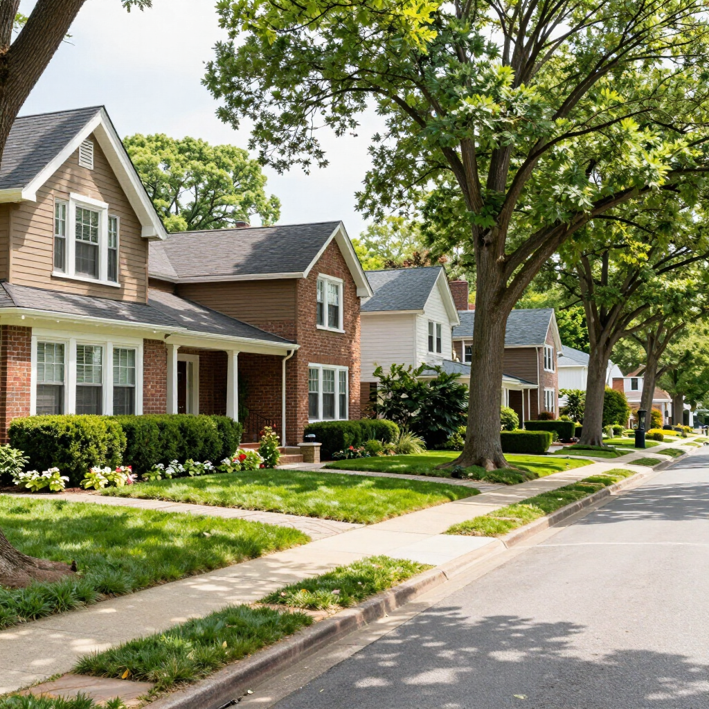 Roslyn residential street with traditional homes, mature trees, and landscaped yards