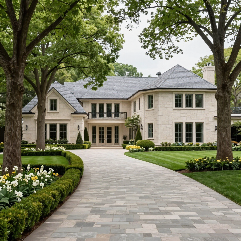 Luxury estate-style home with landscaped grounds in Old Westbury, NY