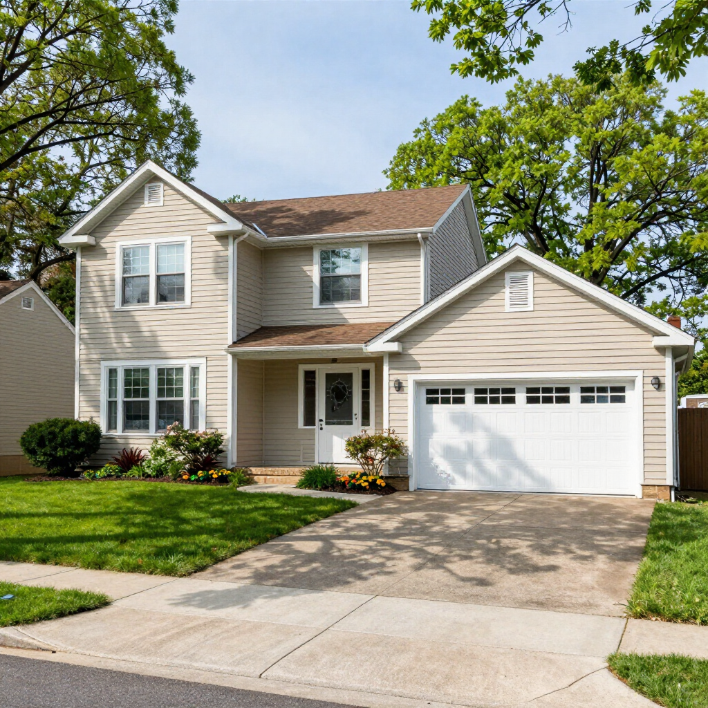 Tudor-style brick house with a peaked roof, green lawn, and a stone walkway under a blue sky.