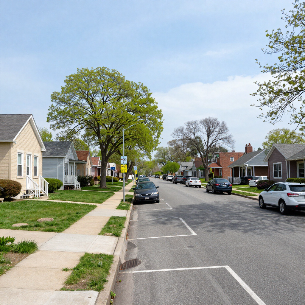 Quiet suburban street with parked cars, trees, and houses on a sunny day