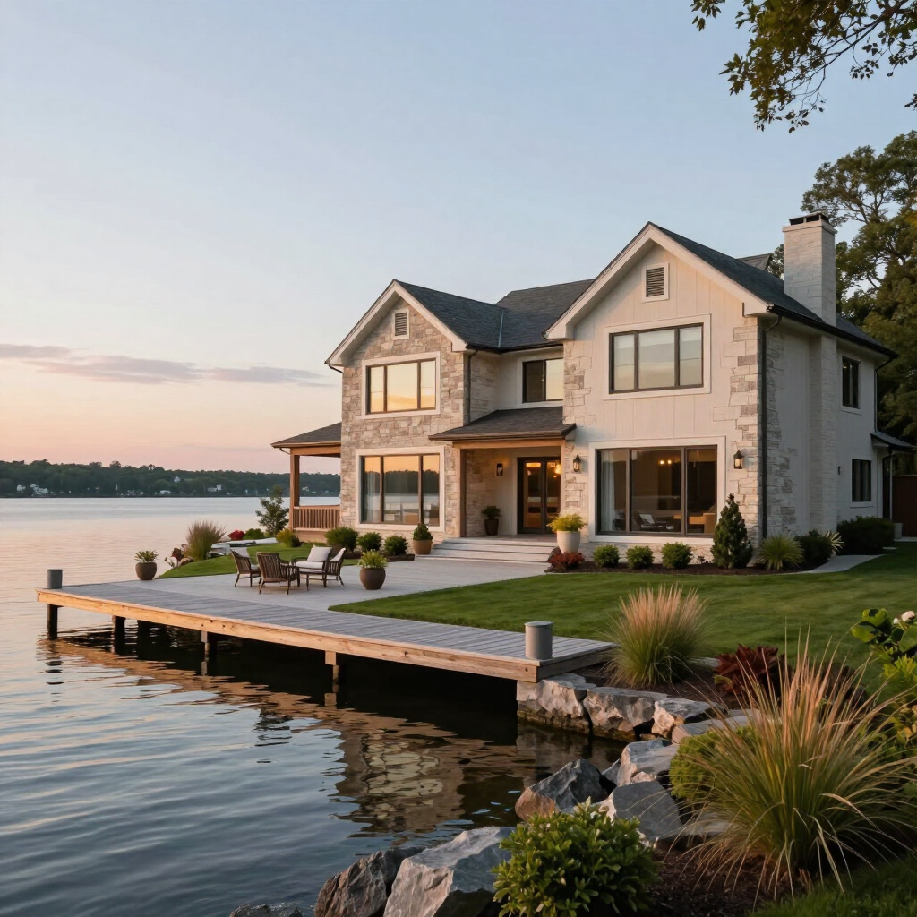 Luxury estate-style home with landscaped grounds in Old Westbury, NY