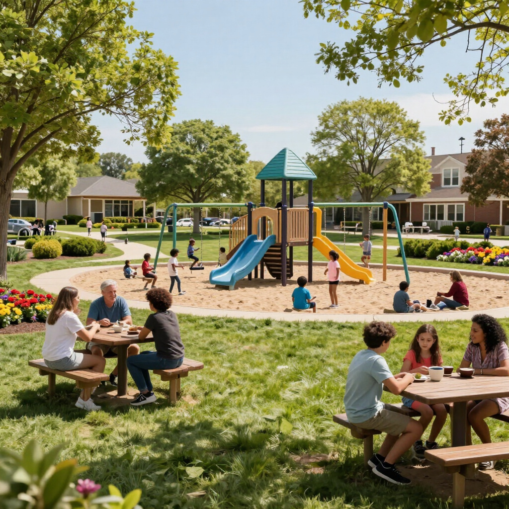 Children and adults socialize at picnic tables in a sunny park playground with slides and flowers.