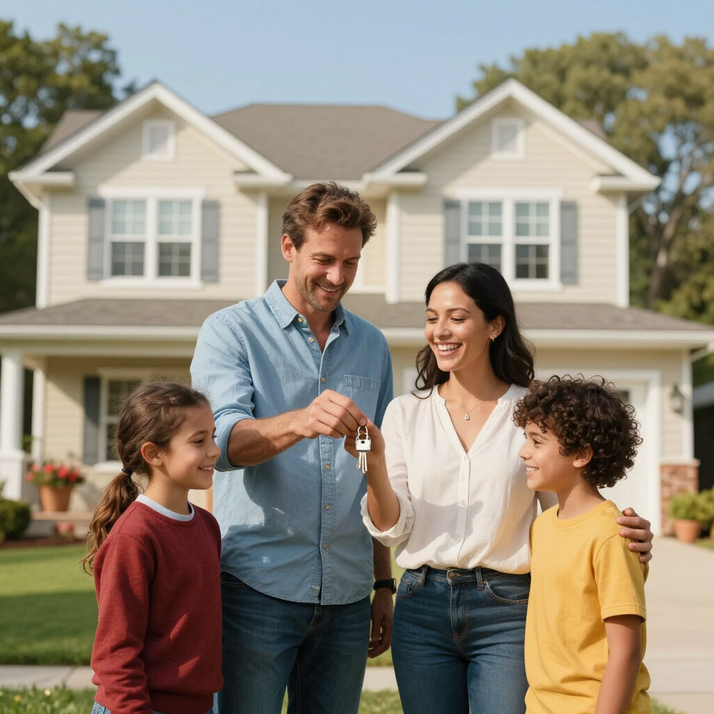 Family standing in front of a house, smiling and holding keys to their new home