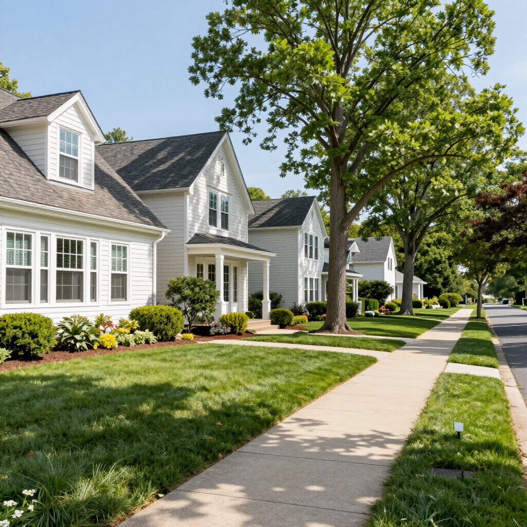 Residential street with homes and mature trees in Great Neck, NY