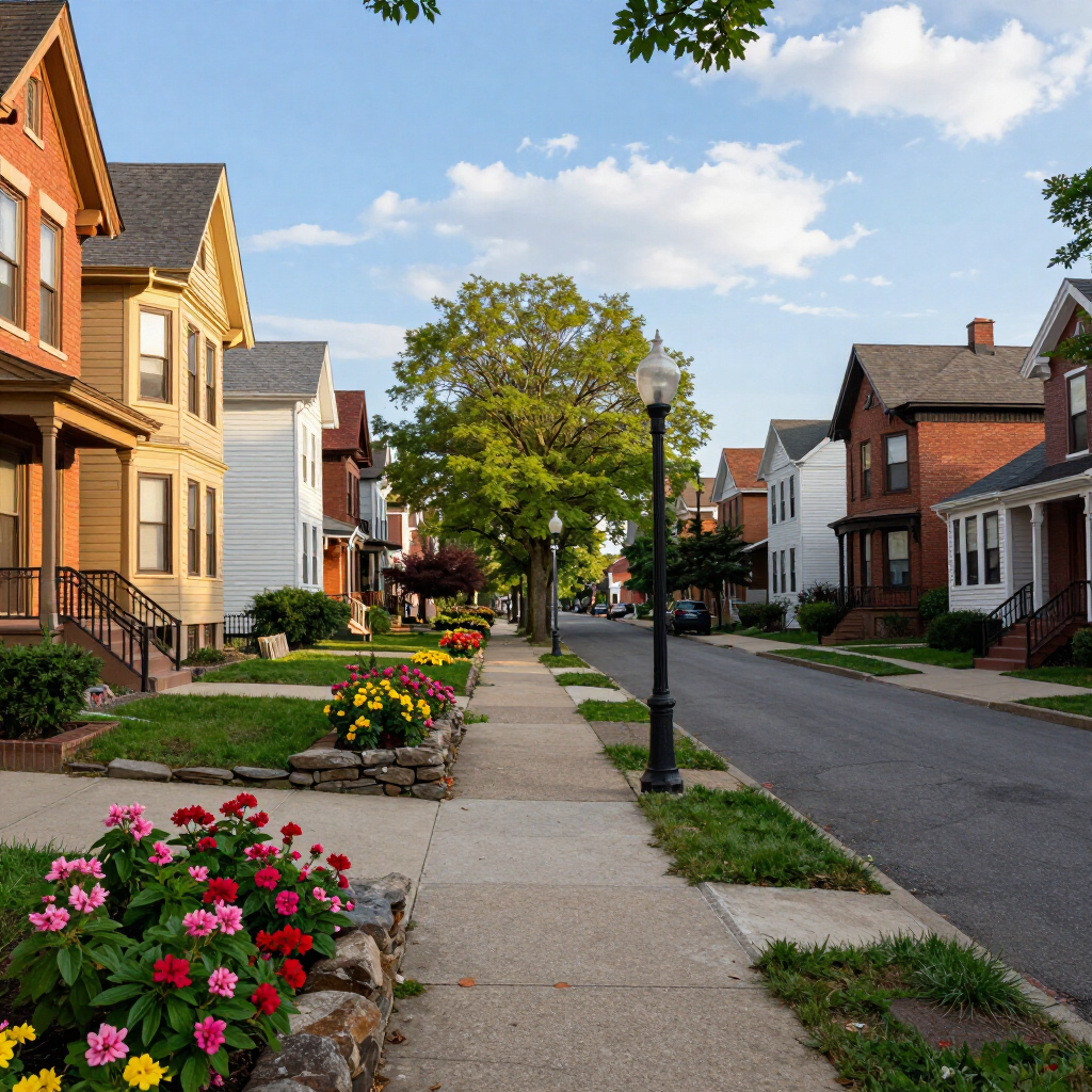 Quiet suburban street with sidewalk, colorful flowers, and houses under a blue sky