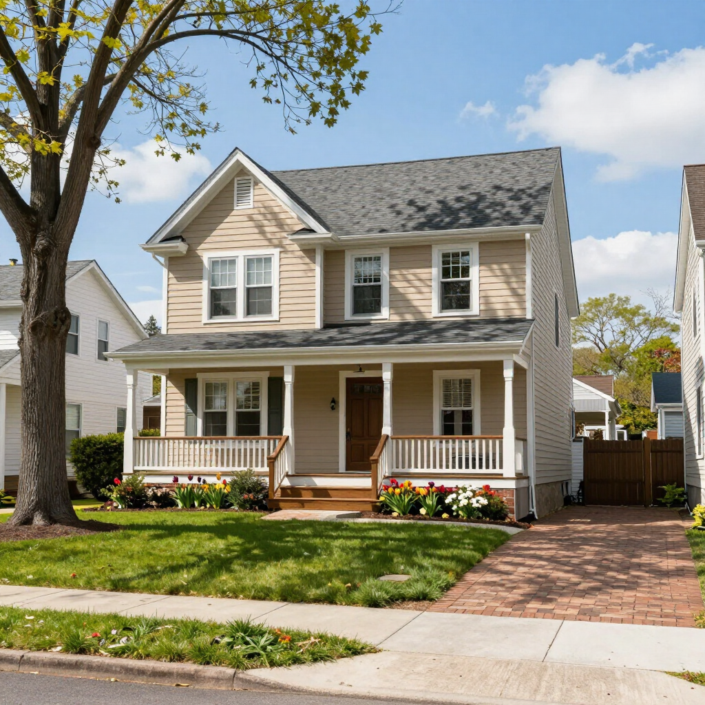 Two-story beige house with white porch, brick walkway, and green lawn under a blue sky