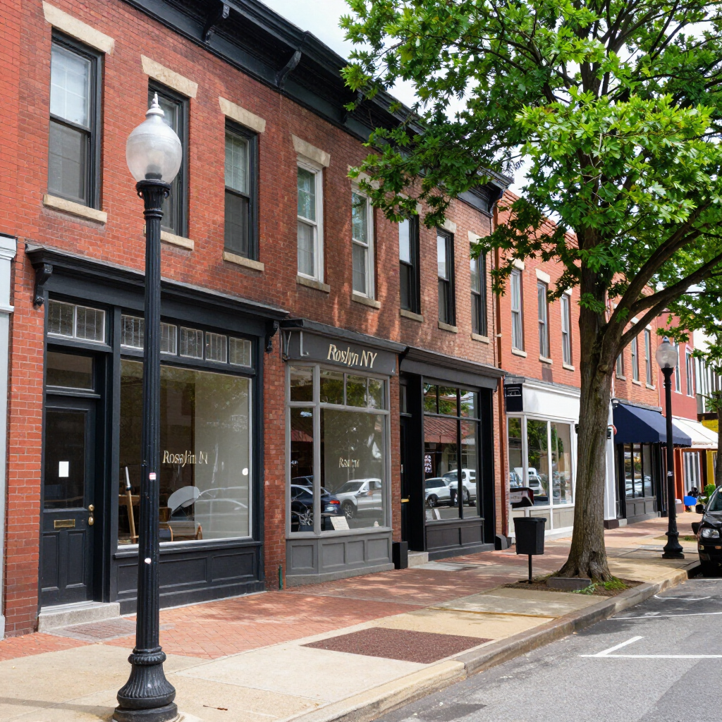 Brick storefronts on a tree-lined city street with a black lamppost and parked cars