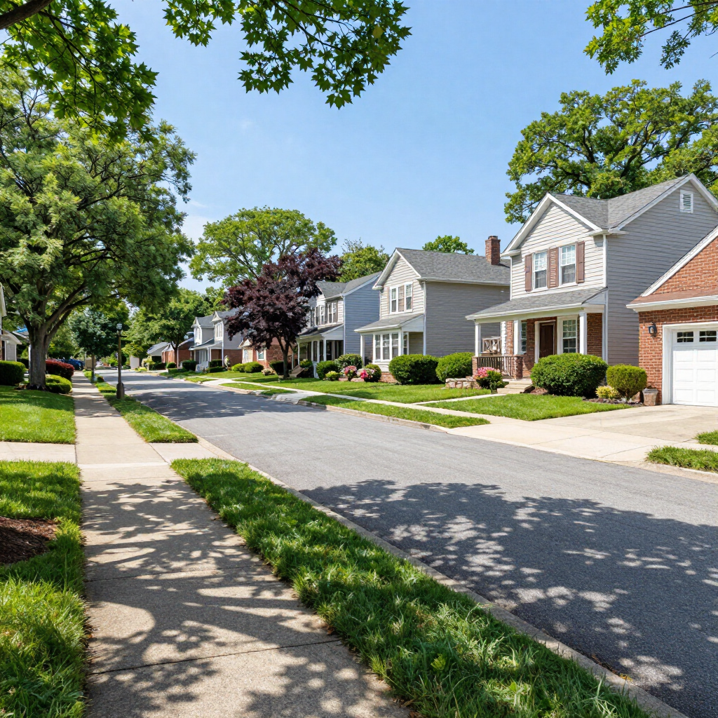 Baldwin residential street with single-family homes, sidewalks, and mature trees
