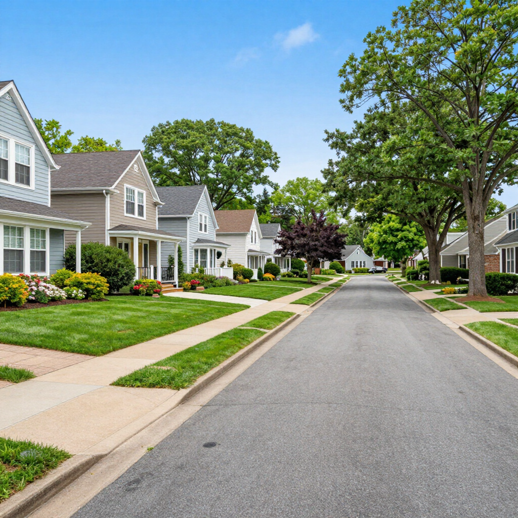 Syosset residential street with single-family homes, sidewalks, and mature trees