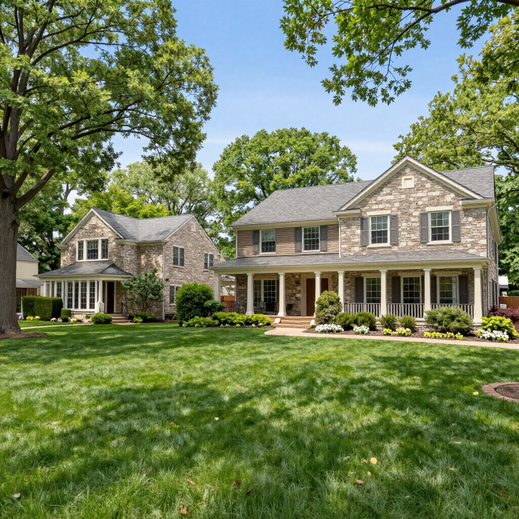Upper Brookville home with landscaped front yard and mature trees