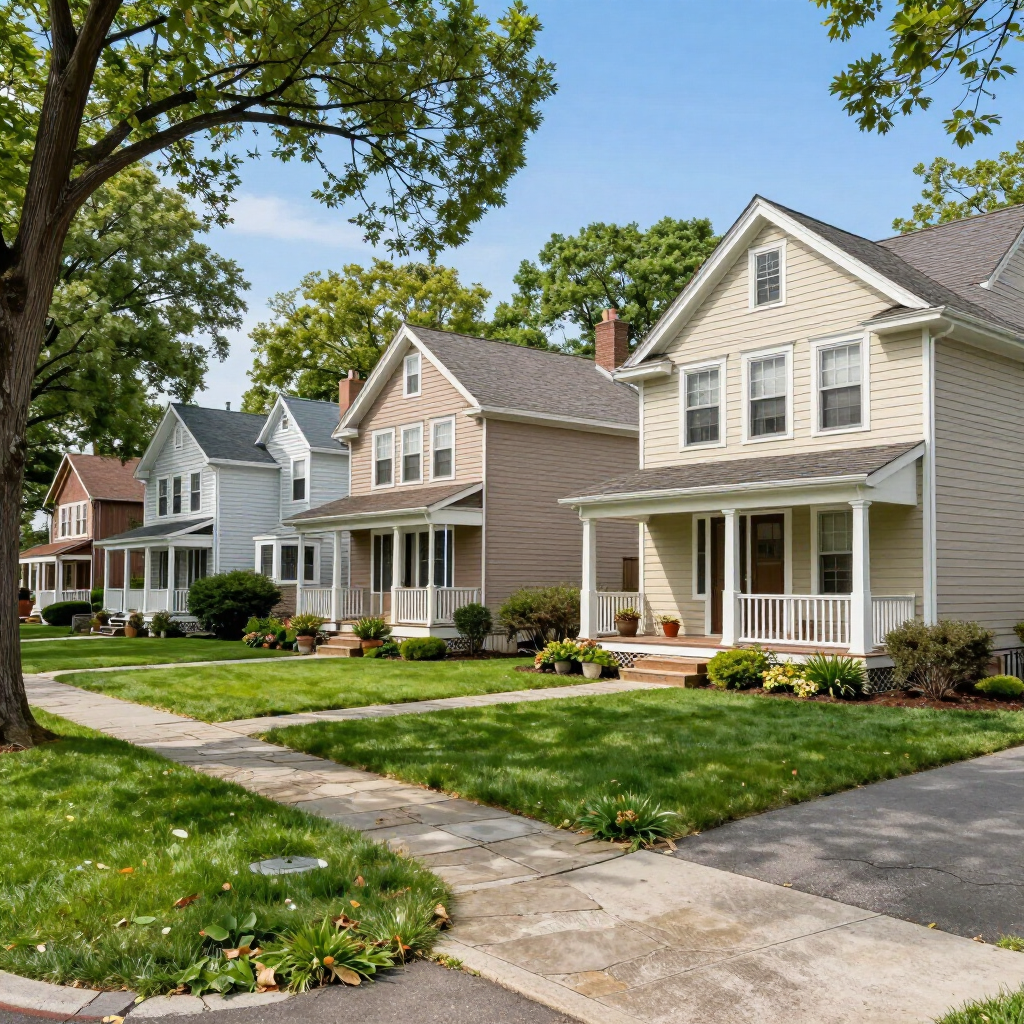 Suburban neighborhood with homes and trees in Glen Cove, NY