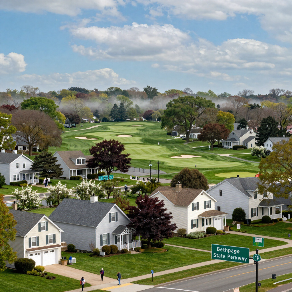 Suburban neighborhood with houses, trees, and a green golf course under a partly cloudy sky.