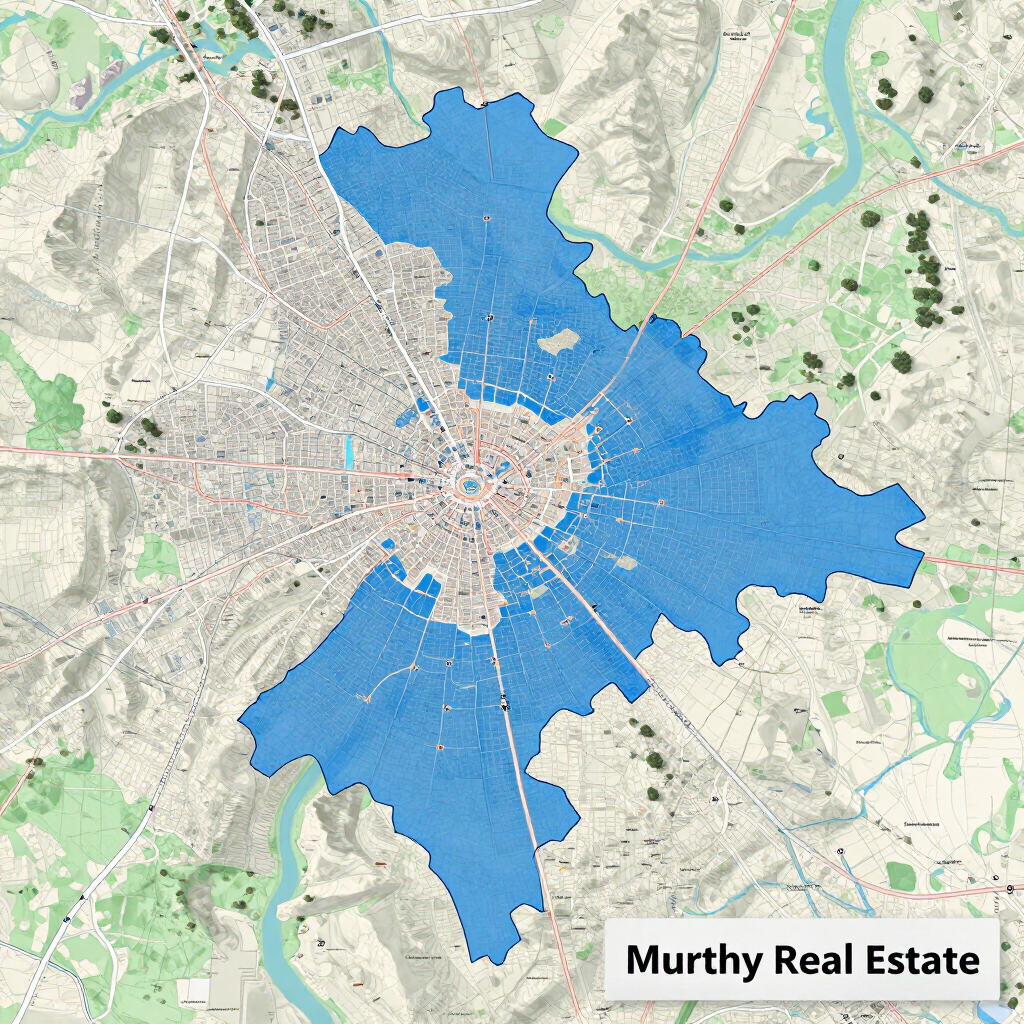 Blue highlighted city map over a satellite background, showing a large metropolitan area outlined in teal.