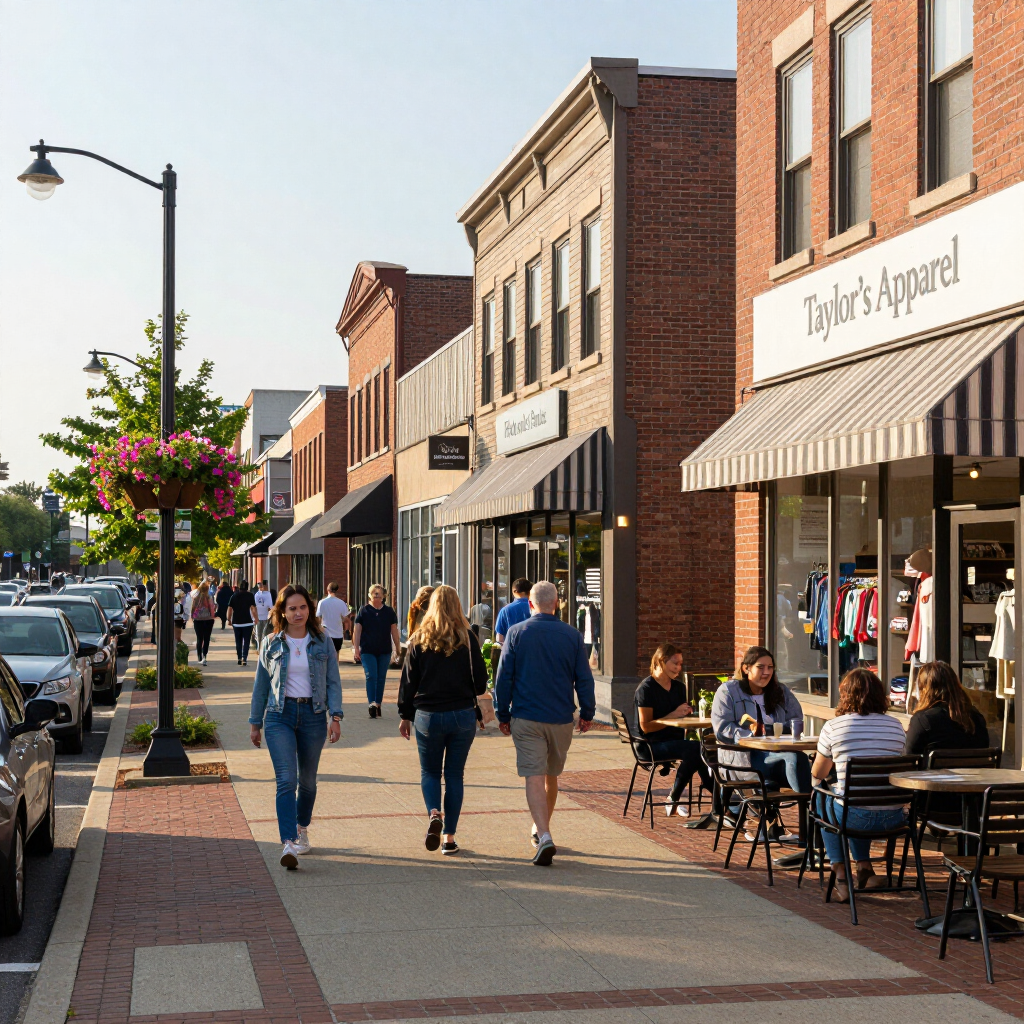 People walking past storefronts and outdoor кафе seating on a sunny downtown sidewalk.