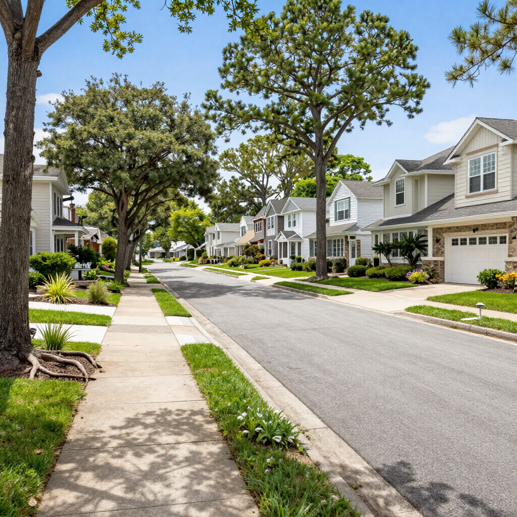 Oceanside residential street with single-family homes, sidewalks, and mature trees