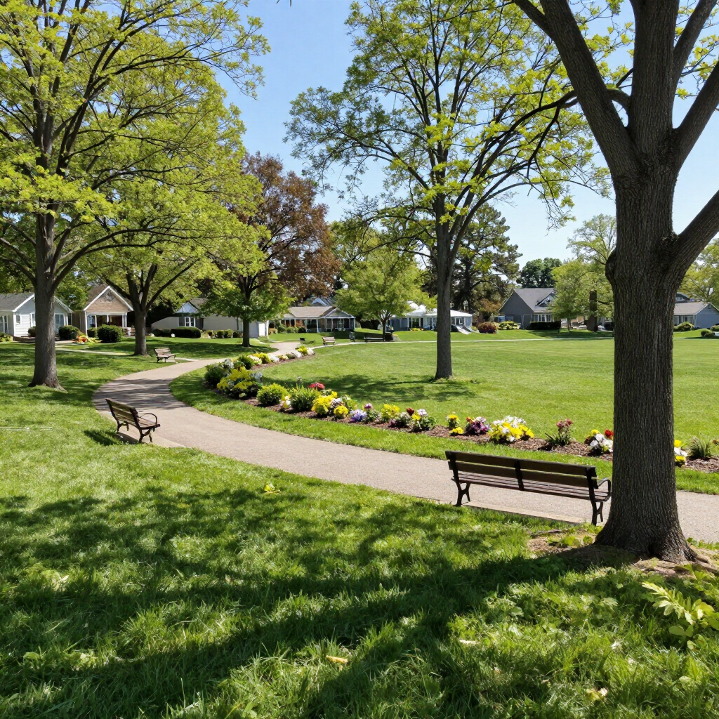 Community park with walking paths and green space in East Meadow, NY