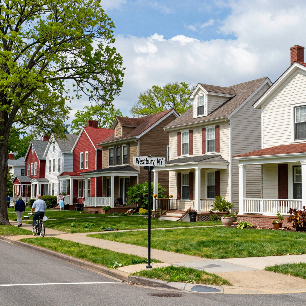 Row of colorful houses along a quiet neighborhood street with people walking on the sidewalk
