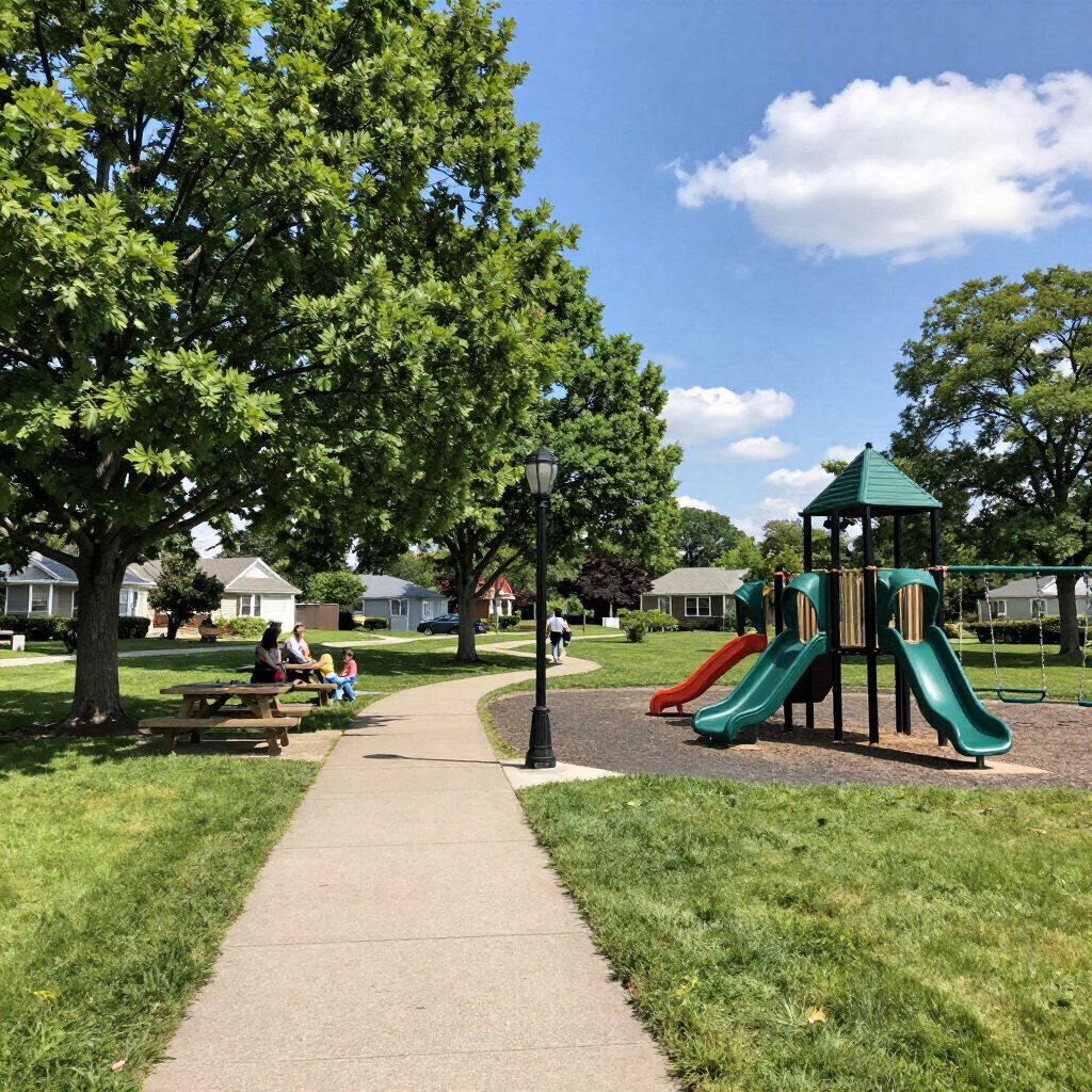 People enjoyong the park and playground on a sunny day