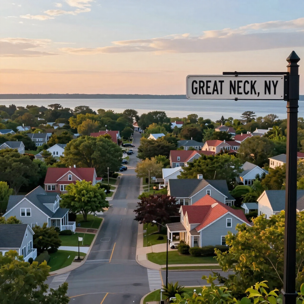 Street in Great Neck, NY, lined with houses at sunset, with water in the distance.