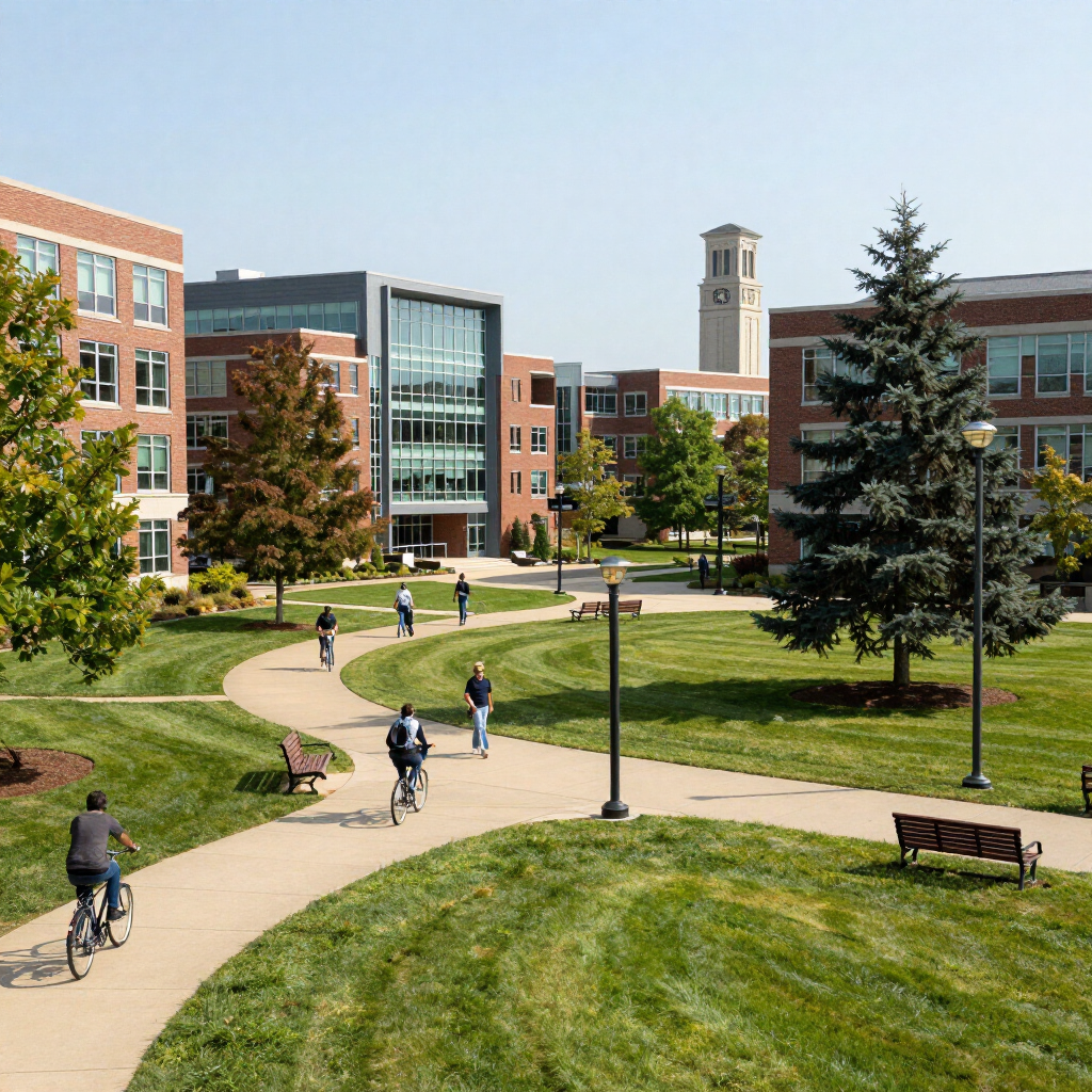 University campus with students walking on a curved path beside green lawns and brick buildings under a clear sky