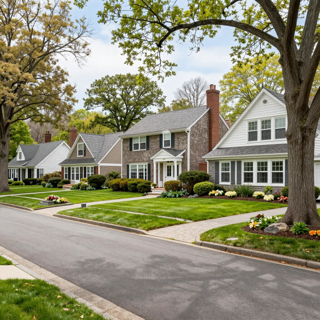 Suburban neighborhood with homes and trees in Lattingtown, NY