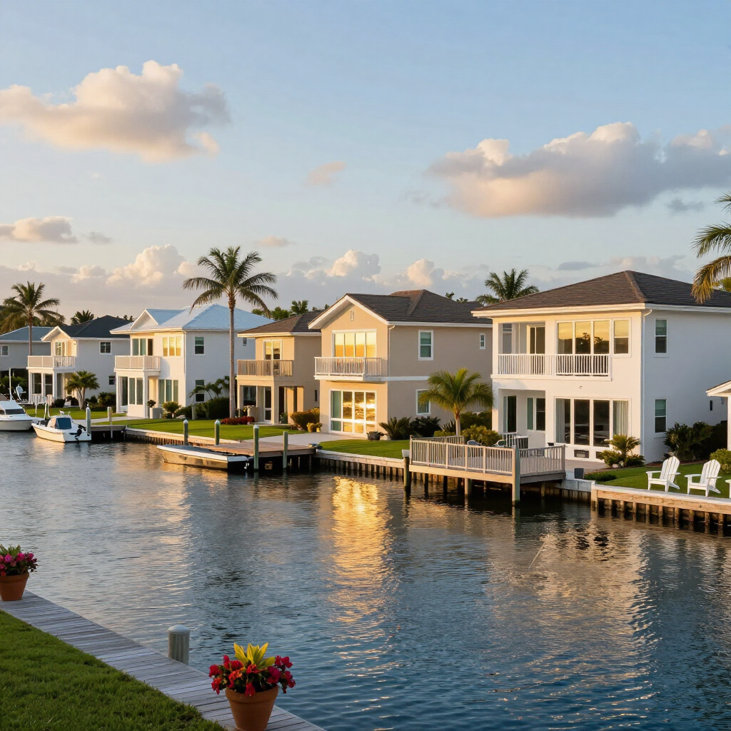 Waterfront homes with docks along a calm canal at sunset