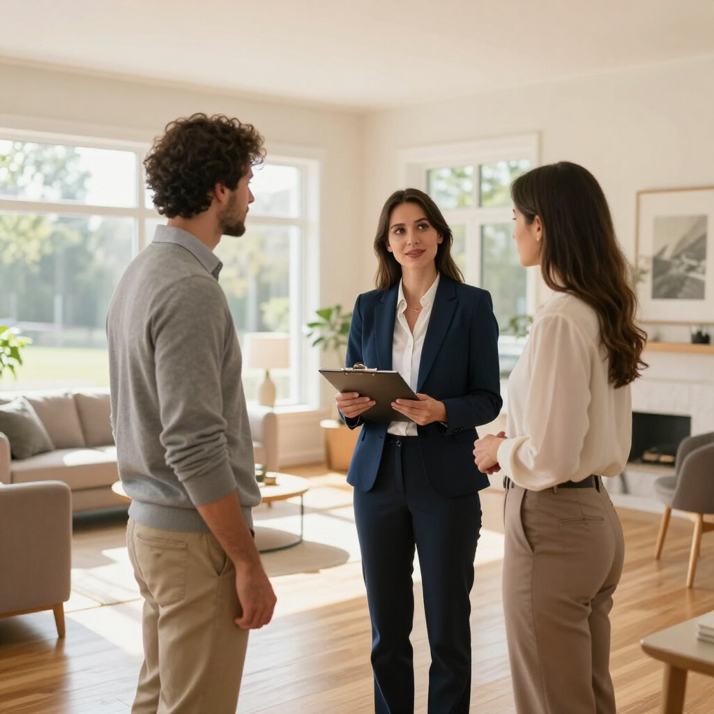 Three coworkers talking in a bright office, one holding a tablet.