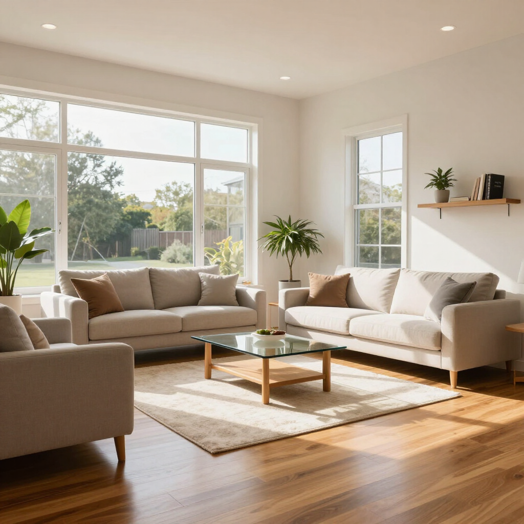 Bright living room with beige sofas, glass coffee table, indoor plants, and large sunlit windows.