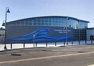 Blue waterfront building with wave mural and sign for the Fernando Luis Ribas Dominicci Airport terminal