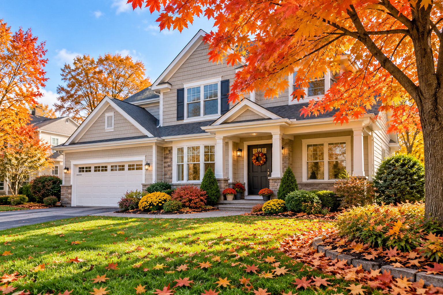Nassau County home surrounded by colorful autumn trees, showcasing fall curb appeal and a welcoming 