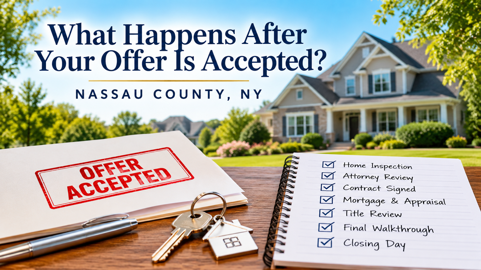 Accepted home offer in Nassau County NY with house, keys, inspection, attorney review, mortgage and 