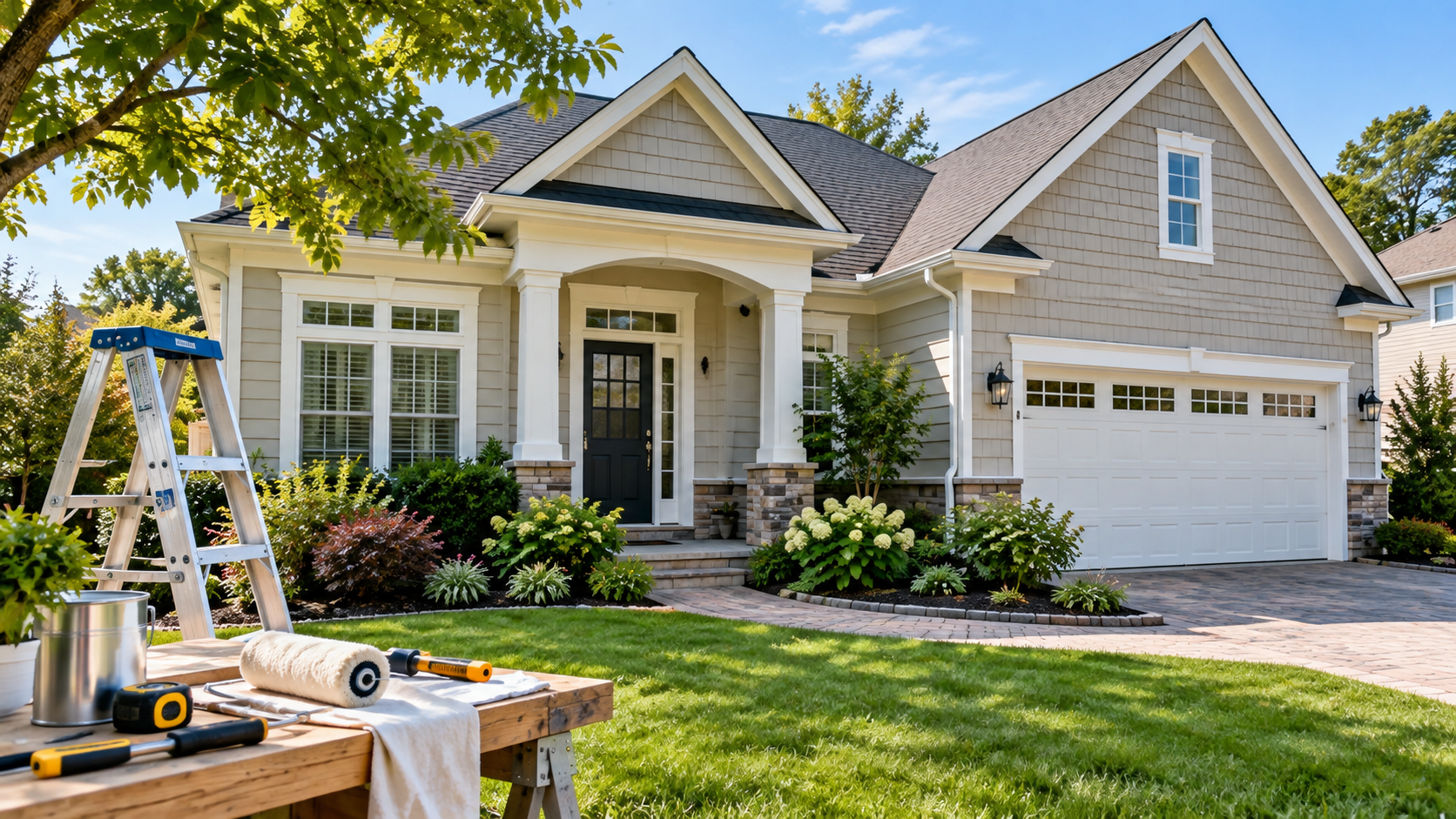 Manhasset home with landscaped front yard and mature trees