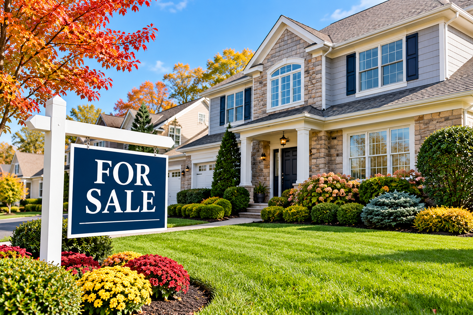 Nassau County Long Island home with a For Sale sign, landscaped front lawn, autumn trees, and attrac