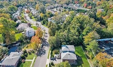 Aerial view of a leafy suburban neighborhood with houses along a tree-lined street in autumn.