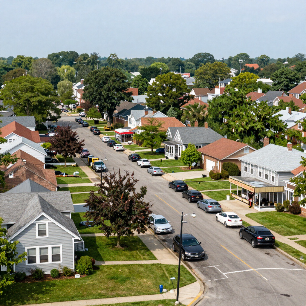 Aerial view of a quiet suburban neighborhood with tree-lined streets, parked cars, and houses with red and gray roofs