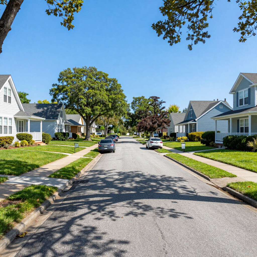 Quiet suburban street with white houses, parked cars, and leafy trees under a clear blue sky