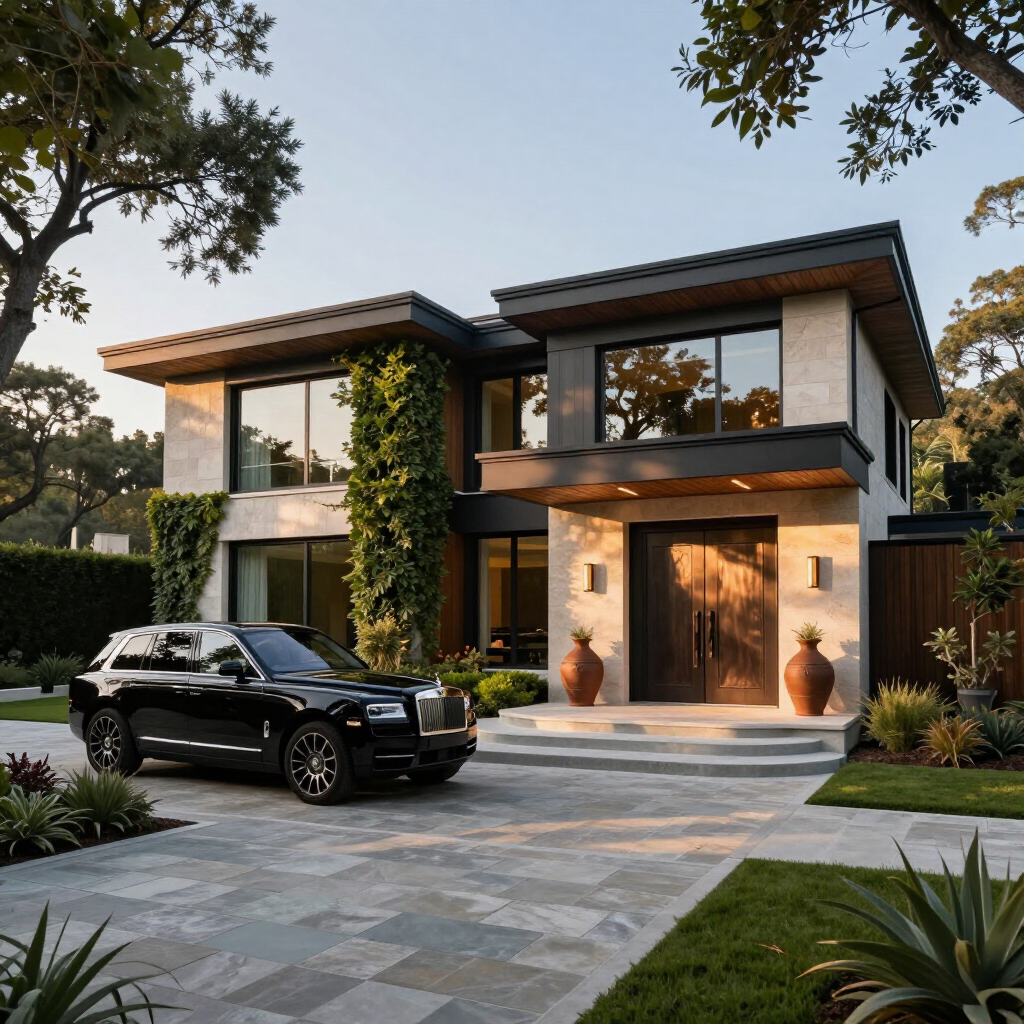Modern two-story house with warm exterior lighting and a black luxury SUV in the driveway.
