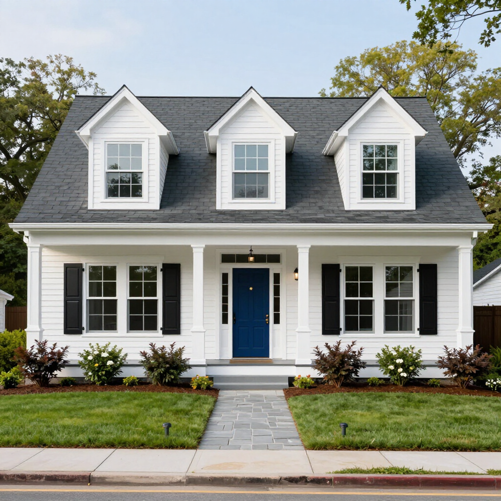 White two-story house with gray roof, blue front door, black shutters, and a front lawn