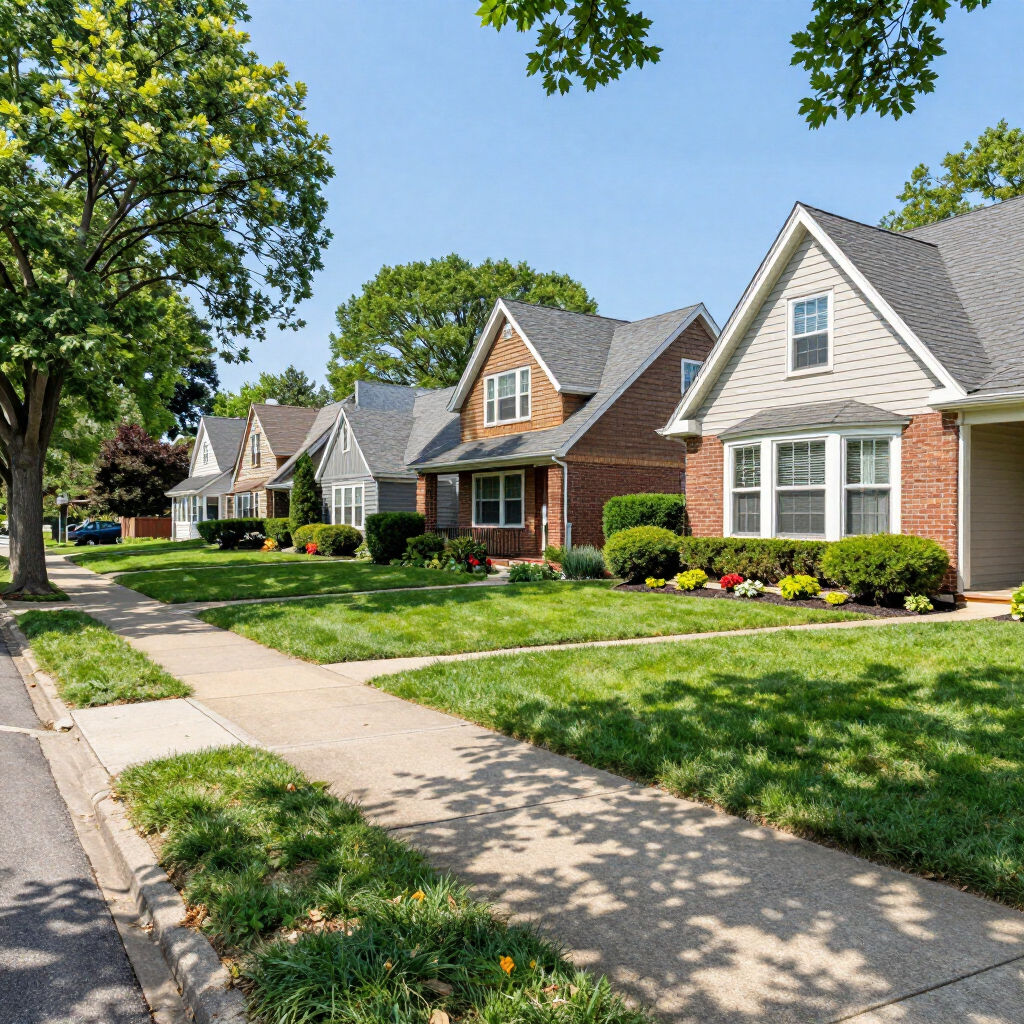 Valley Stream residential neighborhood with single-family homes, sidewalks, and mature trees